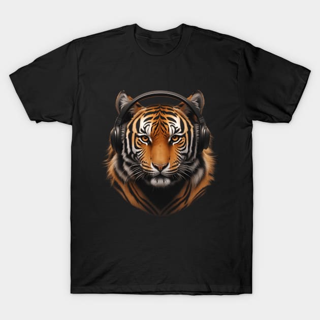 tiger wearing headphones T-Shirt by Drawab Designs